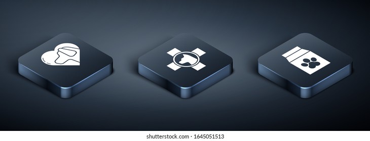 Set Isometric Heart with dog, Bag of food for pet and Veterinary clinic symbol icon. Vector