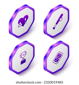 Set Isometric Heart rate, Baseball bat with ball, Award cup and Football field icon. Purple hexagon button. Vector