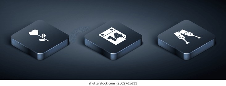 Set Isometric Heart shape in flower, Glass of champagne and Calendar with February 14 icon. Vector
