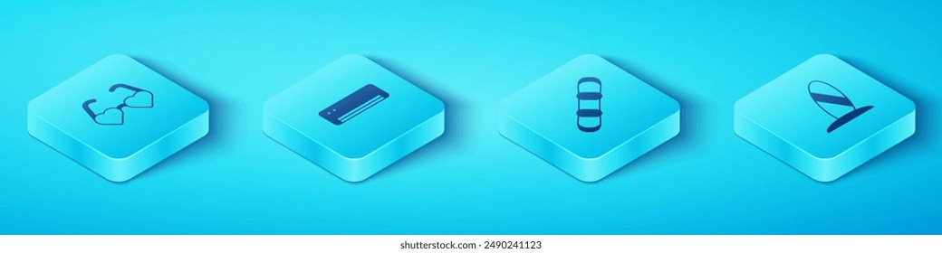 Set Isometric Heart shaped love glasses, Air conditioner, Surfboard and Snowboard icon. Vector