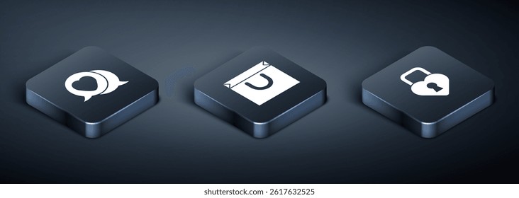 Set Isometric Heart in speech bubble, Castle the shape of heart and Shopping bag icon. Vector