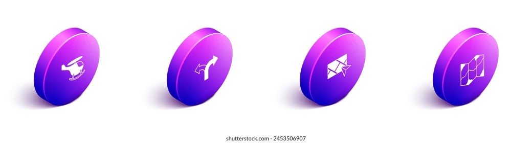 Set Isometric Helicopter, Road traffic sign, City map navigation and Folded icon. Vector