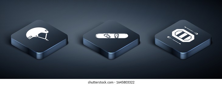 Set Isometric Helmet, Rafting boat and Snowboard icon. Vector