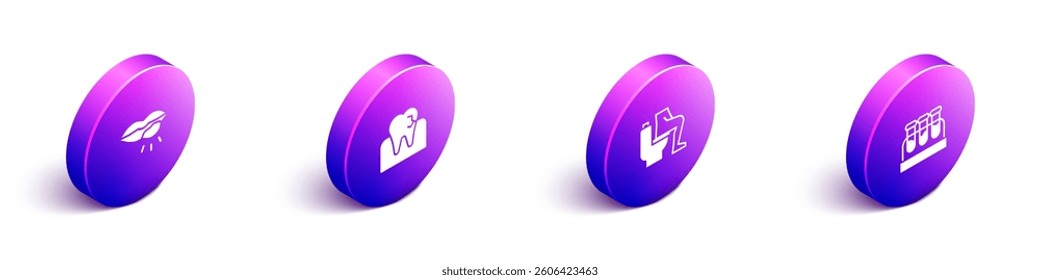 Set Isometric Herpes lip, Tooth with caries, Constipation and Test tube blood icon. Vector