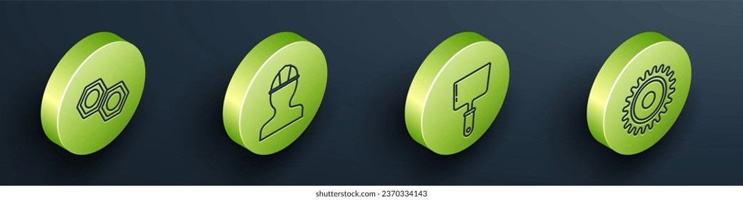 Set Isometric Hexagonal metal nut, Worker safety helmet, Putty knife and Circular saw blade icon. Vector