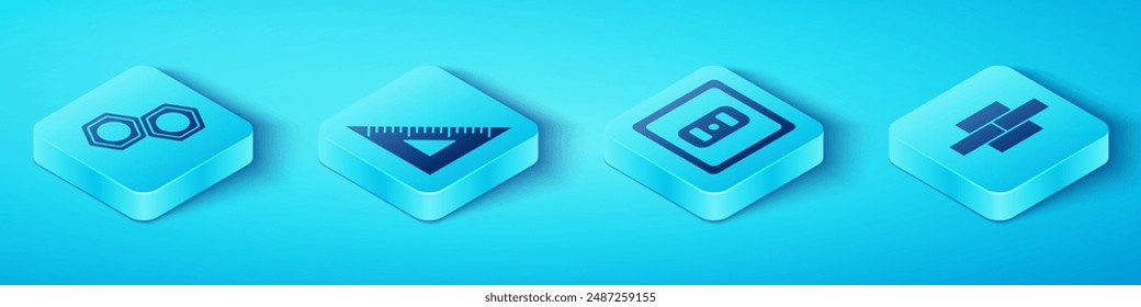 Set Isometric Hexagonal metal nut, Triangular ruler, Bricks and Electrical outlet icon. Vector