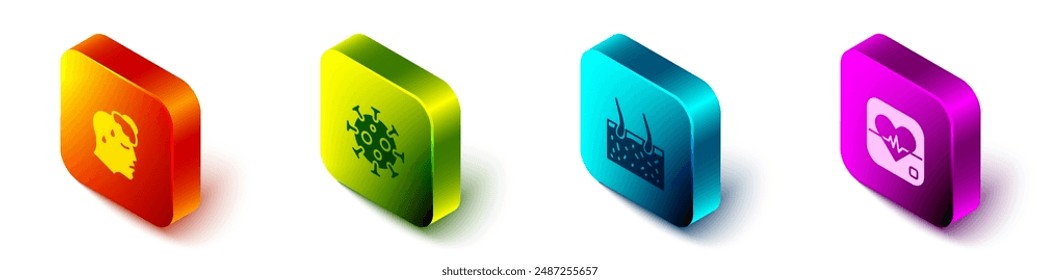 Set Isometric High human body temperature, Virus, Hair covering skin and Heart rate icon. Vector