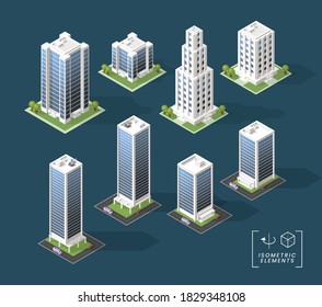Set of Isometric High Quality City Building with Shadows on Black Background . Isolated Vector Elements
