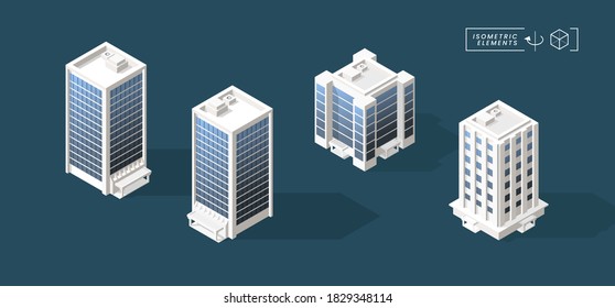 Set of Isometric High Quality City Building with Shadows on Black Background . Isolated Vector Elements