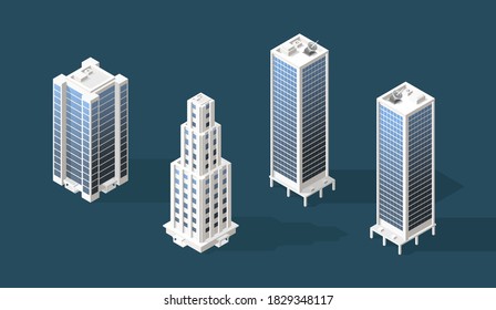 Conjunto de Edificios Isométricos de Alta Calidad con Sombras en Fondo Negro. Elementos vectores aislados