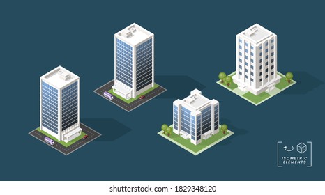 Set of Isometric High Quality City Building with Shadows on Black Background . Isolated Vector Elements