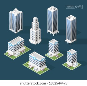 Set of Isometric High Quality City Building with Shadows on Black Background . Isolated Vector Elements