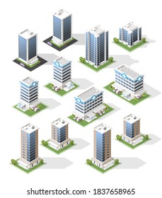 Set of Isometric High Quality City Building with Shadows on White Background . Isolated Vector Elements