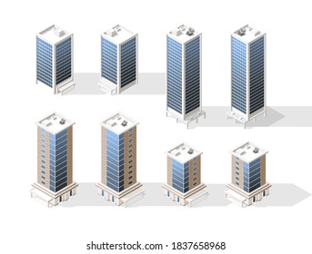 Set of Isometric High Quality City Building with Shadows on White Background . Isolated Vector Elements