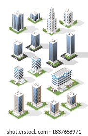 Set of Isometric High Quality City Building with Shadows on White Background . Isolated Vector Elements