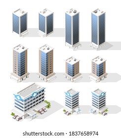 Set of Isometric High Quality City Building with Shadows on White Background . Isolated Vector Elements