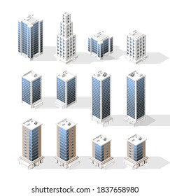 Set of Isometric High Quality City Building with Shadows on White Background . Isolated Vector Elements