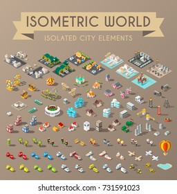 Set of Isometric High Quality City Element on Brown Background 