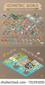 Set of Isometric High Quality City Element on Brown Background . City