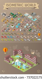 Set of Isometric High Quality City Element on Brown Background . City