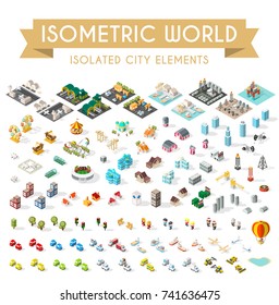 Set of Isometric High Quality City Elements on White Background