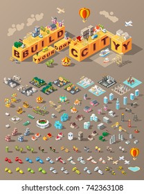 Set Isometric High Quality City Element on Brown Background 