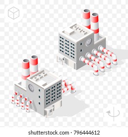 Set of Isometric High Quality City Element with 45 Degrees Shadows on Transparent Background . Factory