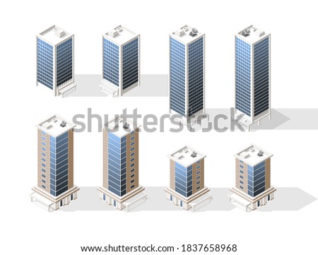Set of Isometric High Quality City Building with Shadows on White Background . Isolated Vector Elements