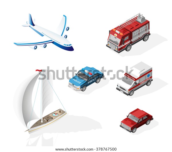 Set of Isometric High Quality Vehicles with 45\
Degrees Shadows on White Background. Police Car , Fire Truck ,\
Ambulance , Airplane , Boat and\
Car.