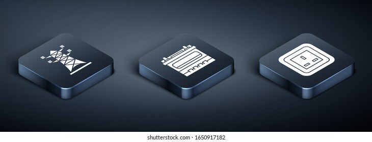 Set Isometric High voltage power pole line, Electrical outlet and Car battery icon. Vector