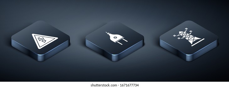 Ajuste Isomtric Señal de alto voltaje, Línea de poste de alta tensión e Icono de enchufe eléctrico. Vector
