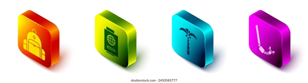 Set Isometric Hiking backpack, Passport with ticket, Tropical palm tree and Snorkel icon. Vector