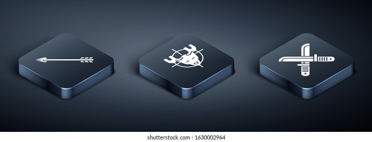 Set Isometric Hipster arrow, Crossed hunter knife and Hunt on moose with crosshairs icon. Vector