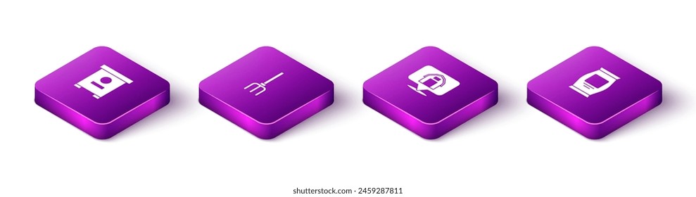 Set Isometric Hive for bees, Garden pitchfork, Location farm house and Fertilizer bag icon. Vector