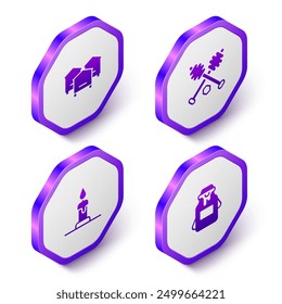 Set Isometric Hive for bees, Honey dipper stick, Burning candle and Jar of honey icon. Purple hexagon button. Vector