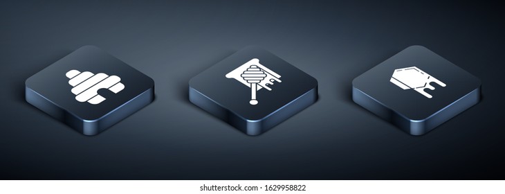 Set Isometric Hive for bees, Honeycomb and Honey dipper stick with dripping honey icon. Vector