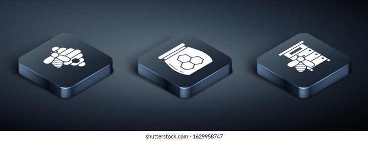 Set Isometric Hive for bees, Hive for bees and Jar of honey icon. Vector