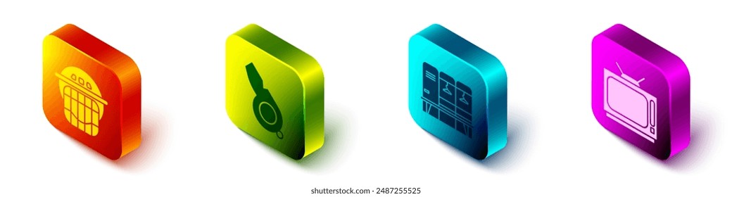 Set Isometric Hockey helmet, Whistle, Locker or changing room and Retro tv icon. Vector