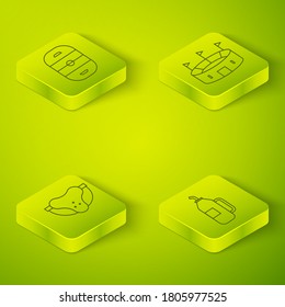 Set Isometric Hockey stadium, Protective sport jockstrap, Fitness shaker and Ice hockey rink icon. Vector