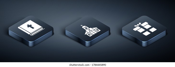 Indique el libro sagrado, la caja de regalo y el icono de la iglesia. Vector