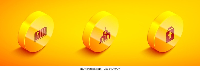 Set Isometric Holy bible book, Church building and Funeral urn icon. Vector