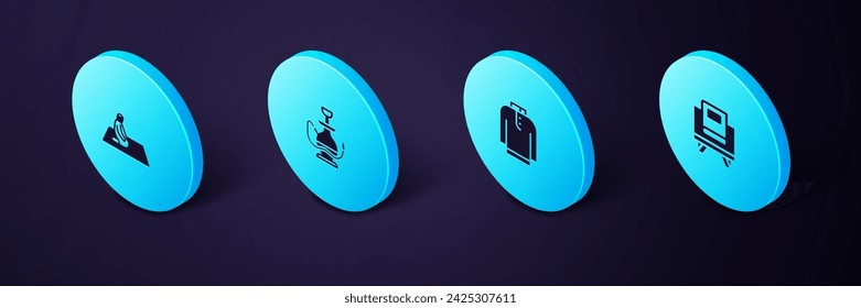 Set Isometric Holy book of Koran, Shirt kurta, Hookah and Muslim man prays icon. Vector