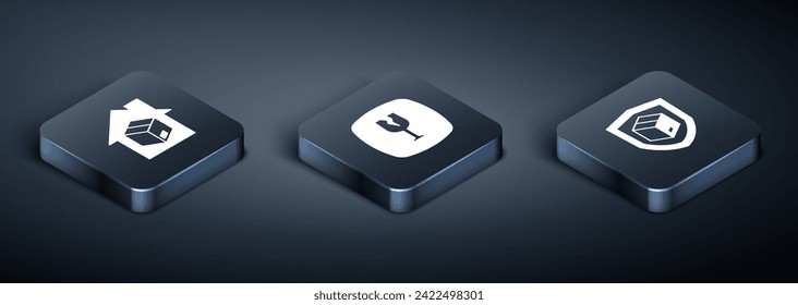 Establezca los servicios de entrega en casa isométrica, la seguridad de entrega con protección y el icono Frágil de vidrio roto. Vector