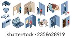 Set with isometric home security compositions with icons of cctv cameras computers houses and human characters vector illustration