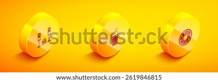 Set Isometric Home stereo with two speakers, Paper glass straw and Camera shutter icon. Vector