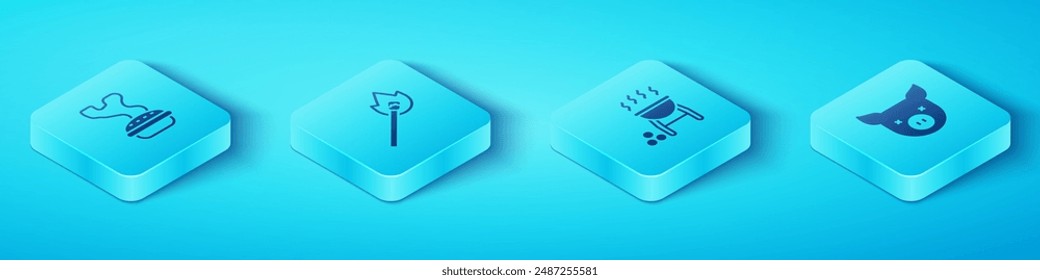 Set Isometric Homemade pie, Burning match with fire, Pig and Barbecue grill icon. Vector