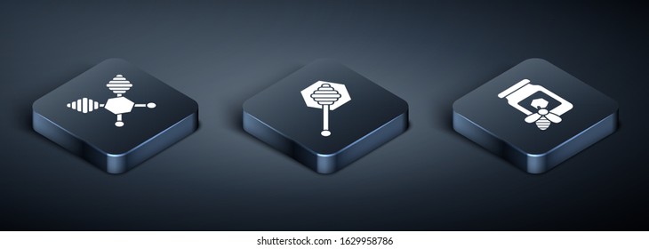 Set Isometric Honey dipper stick, Jar of honey with bee and Honey dipper stick icon. Vector