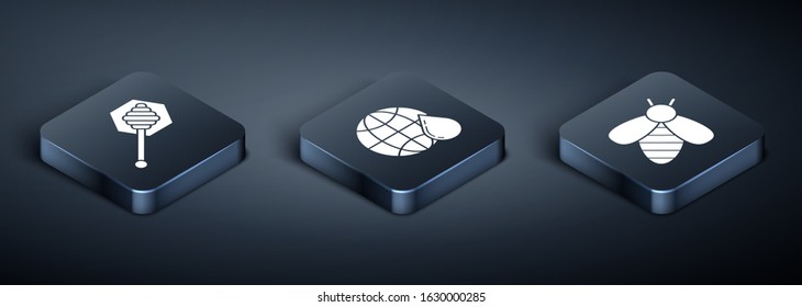 Set Isometric Honey dipper stick, Bee and Honeycomb map of the world icon. Vector