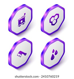 Set Isometric Honey extractor, Honeycomb, Beekeeping brush and Drops of honey icon. Purple hexagon button. Vector