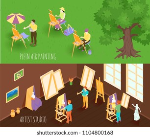 Set of isometric horizontal banners with plein air painting and artist studio isolated vector illustration 
